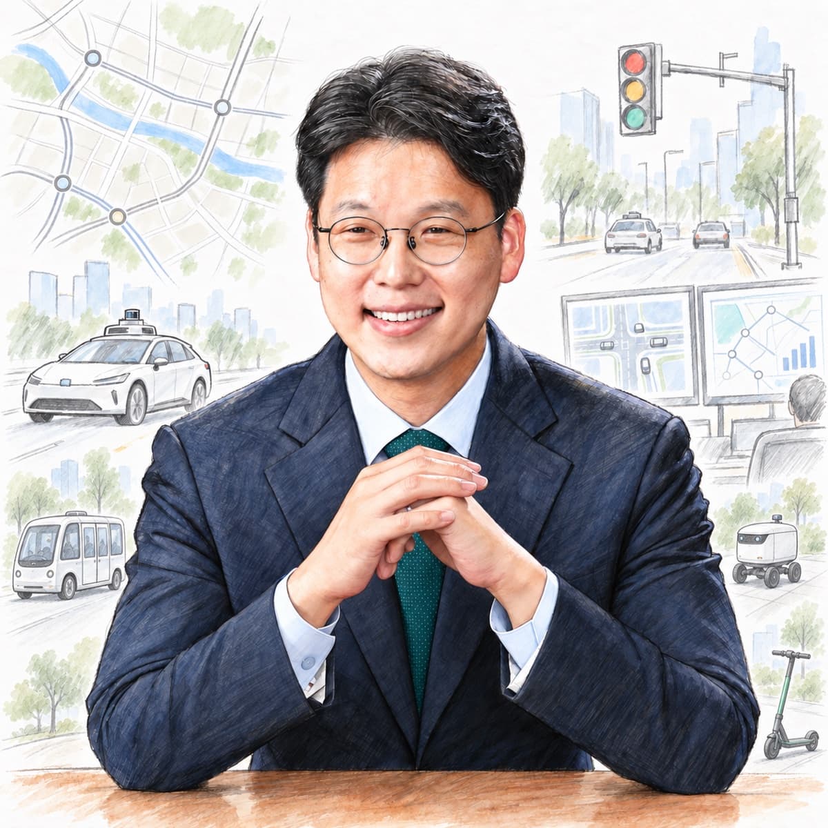 Watercolor sketch of CEO Dongyoung Kim smiling at a desk with his hands folded, with a city road map, autonomous vehicles, traffic lights and a control screen in the background
